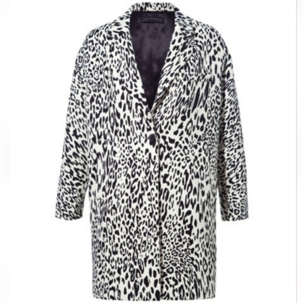 Zara Black and White Leopard Print Pea Coat